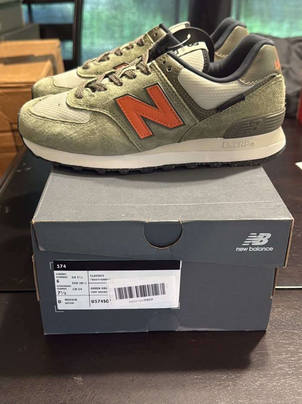 Brand new 574 New Balance Green/Orange size 6 men/7.5 women